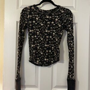 We The Free Black and Cream Floral Long Sleeve Top